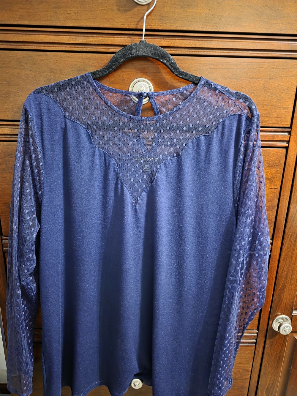 Lane Bryant Navy Blue Long Sleeve Sheer Yoke Blouse